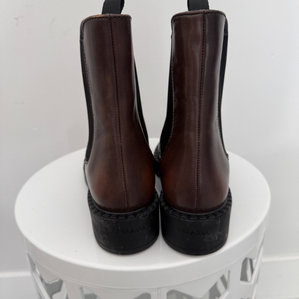 PRADA Chocolate Brown Brushed Leather Chelsea Ankle Boots Designer - Picture 4 of 12